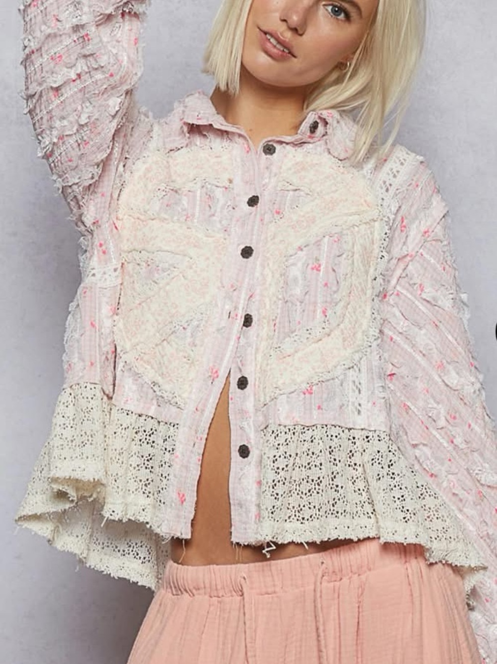 POLww give peace a chance Boho Crochet-Trim Button Front Top - Pink/Cream S